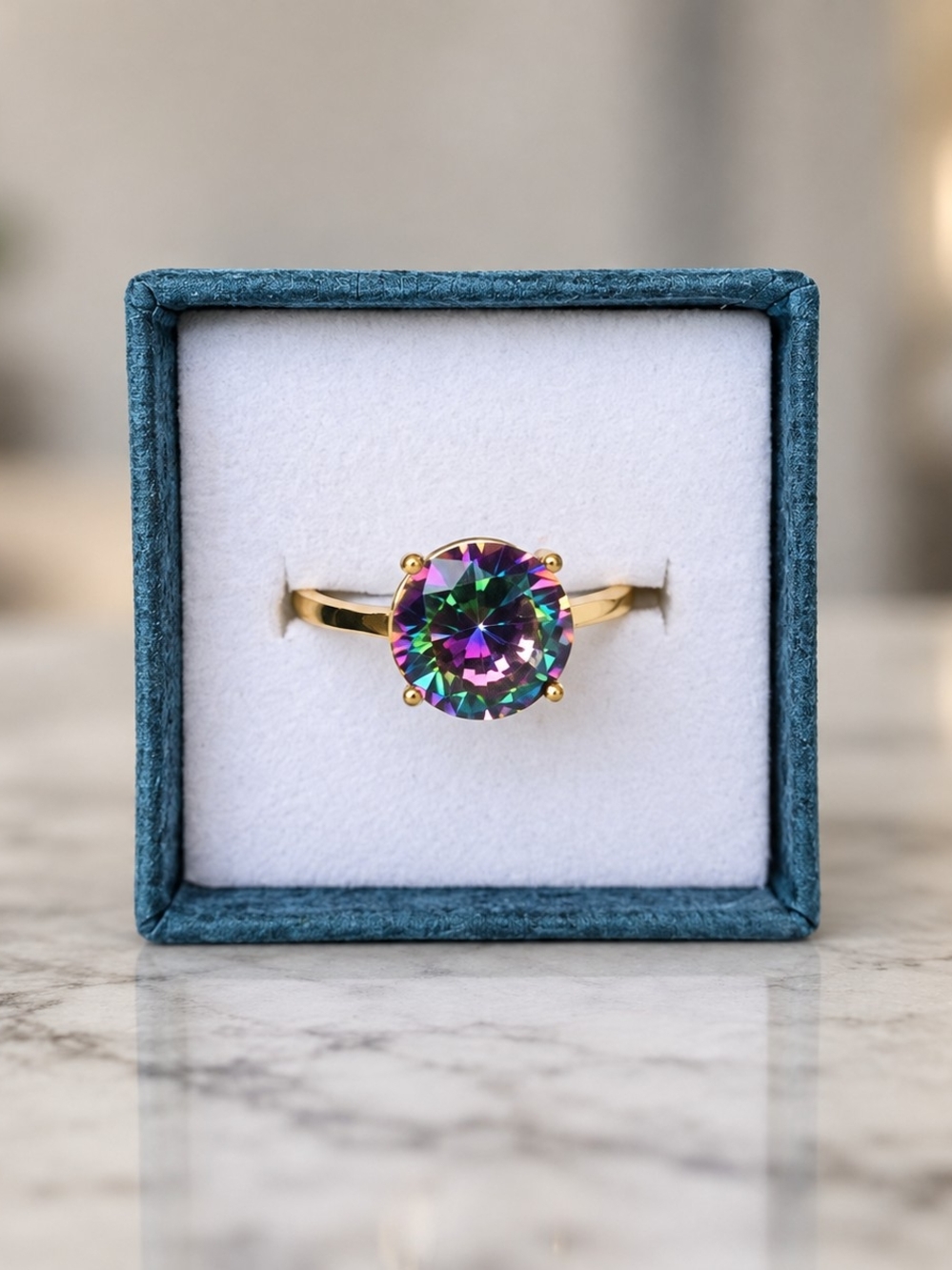 Size 8 Genuine Mystic Topaz Solitaire Ring Gold Plated 925 Sterling Silver
